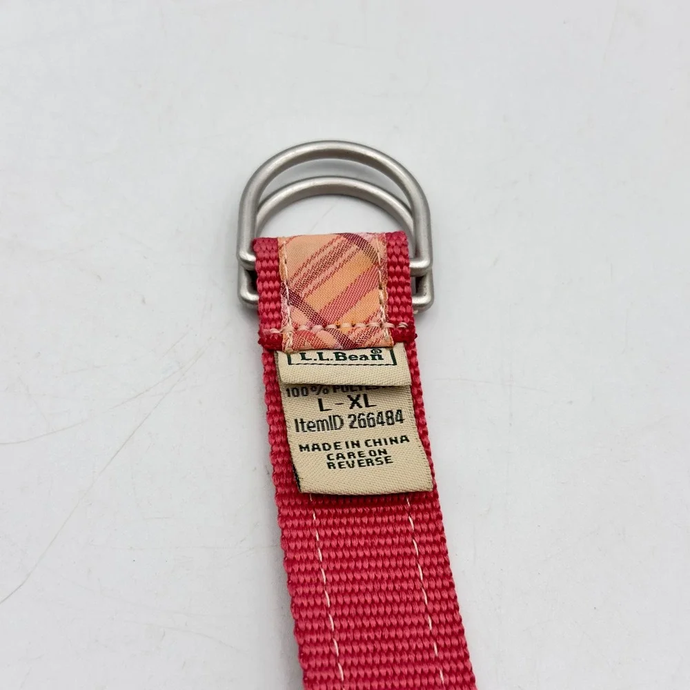 L.L. Bean D-Ring Belt Pink Orange Plaid Webbing Modern L-XL 266484 Adjustable